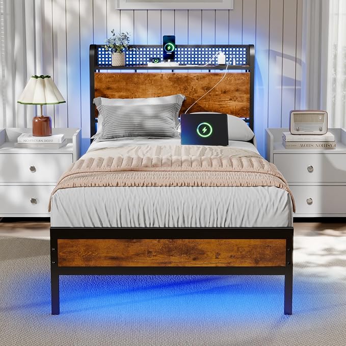 Furnulem Bed Frame Twin Size with LED Lights & Charging Station,Bedframe with Wood Storage Headboard,Metal Platform Bed with Under Storage,USB Port,Strong Metal Slats,No Box Spring Needed