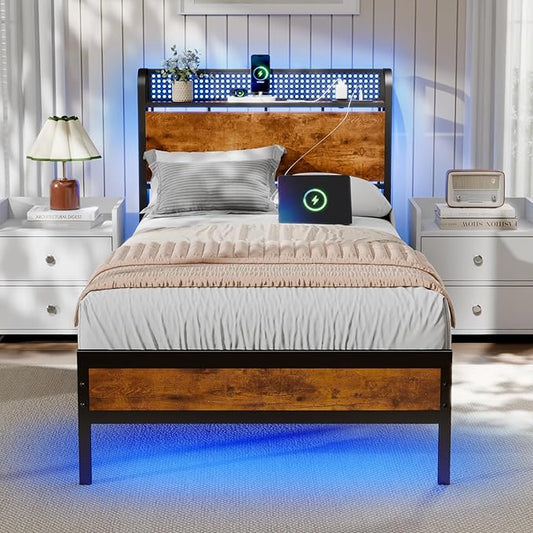 Furnulem Bed Frame Twin Size with LED Lights & Charging Station,Bedframe with Wood Storage Headboard,Metal Platform Bed with Under Storage,USB Port,Strong Metal Slats,No Box Spring Needed