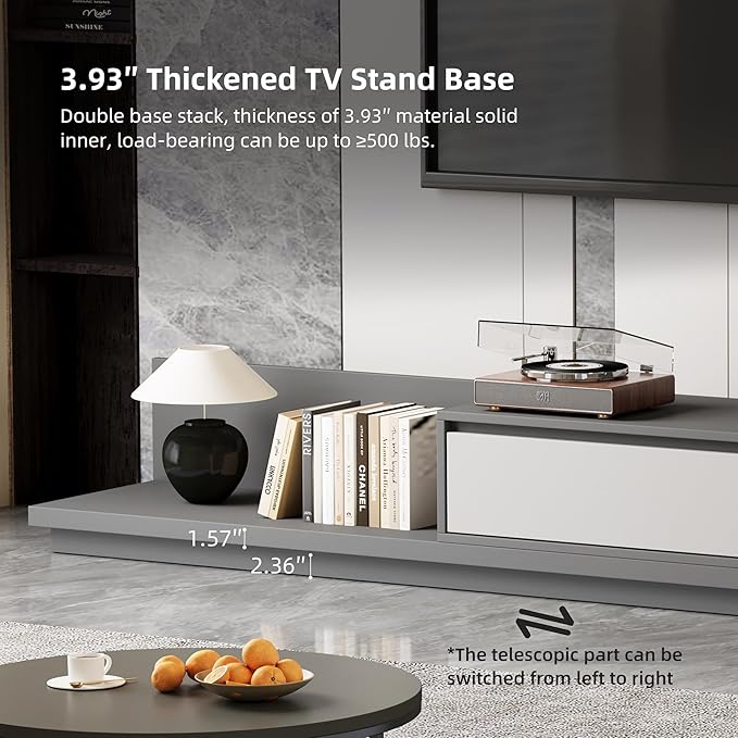 Mid-Century Modern Extendable TV Stand with Ample Storage for Living Room – Adjustable TV Cabinet from 78.7" to 130", 3-Drawer Entertainment Center, Grey