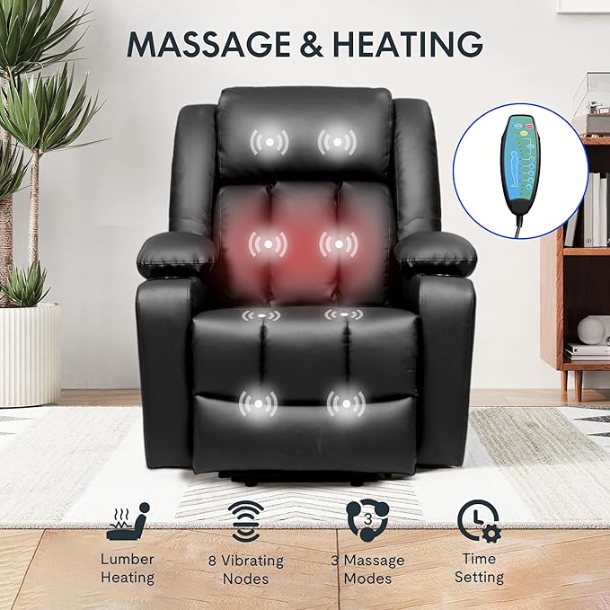 FLEXISPOT XL31 Power Lift Recliner Chair for Elderly, Electric Lift Chair with Massage & Heat, PU Leather Reclining Sofa w/Cup Holders, Side Pockets for Living Room Bedroom(Medium Size,Black)