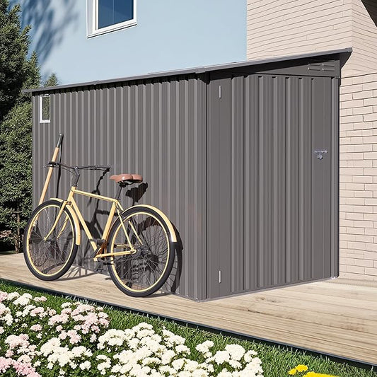 4x9 ft Lean to Shed, Outdoor Storage Shed with Lockable Single Door and Window, Metal Storage Sheds with Sloping Roof and 2 Vents, Outside Garden Tool Sheds for Backyard, Patio (Grey)