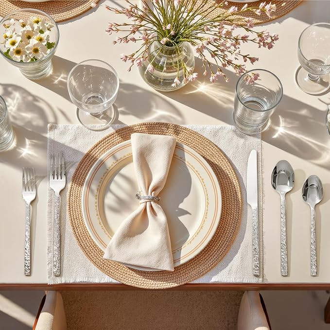 KINGSTONE 60 Pcs Hammered Silverware Set for 12, 18/10 Stainless Steel Heavy Duty Flatware Set, Tableware Cutlery Utensil Sets for Home Restaurant Dishwasher Safe