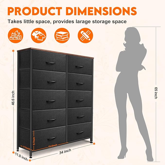 Dresser for Bedroom with 10 Drawers, Chest of Drawers, Storage Drawers Organizer Unit, Black Wide Fabric Dresser with Fabric Bins for Closet, Living Room, Entryway (Black and Rustic Brown)