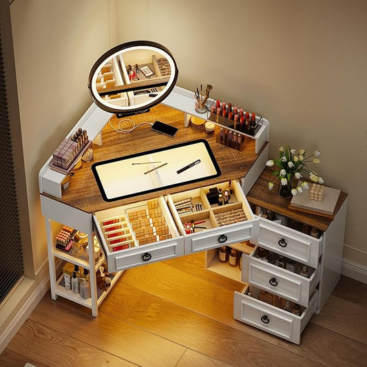 Corner Vanity Desk with Rotating Mirror and Lights,Glass Top Makeup Vanity with Human Body Senor&Charging Station,LED Vanity Table Set with 5 Drawers and Shelves for Bedroom
