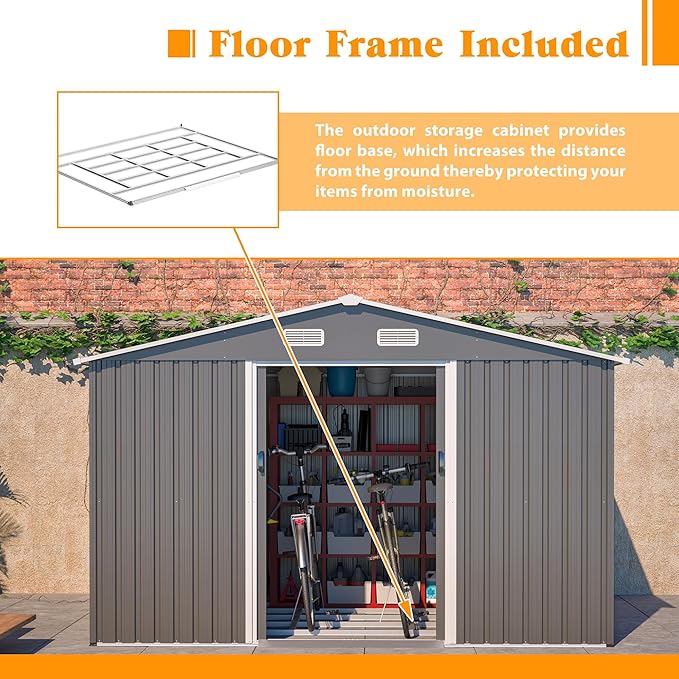 10x8 FT Sheds & Outdoor Storage Garden Metal Shed with Floor Included Lockable Sliding Door and Air Vents Foundation Steel Shed with Air Vents Waterproof Roof Ideal for Backyard Patio Lawn Dark Gray