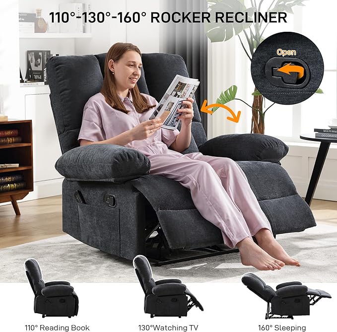 Oversized Recliner Chair Extra Wide Large Recliner for Adults 350lbs with Lumbar Support Pillow Nursery Chair Living Room (Manual, GREY-6008)