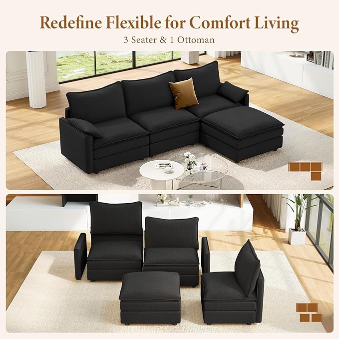 Vesgantti 108" Modular Sectional Sofa, Comfy Cloud Couch with Movable Ottoman Deep Seat Chenille L Shaped Modular Sofa, Sectional Couches for Living Room, Bedroom and Apartment, Black