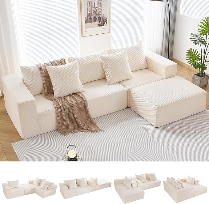 INGEROOM 108" Cloud Sectional Couch with L-Shape Chaise, Modular Sofa Memory Foam, Boneless Sofa with Movable Ottoman, Upholstered Couches for Living Room Bedroom, No Assembly Required, Beige