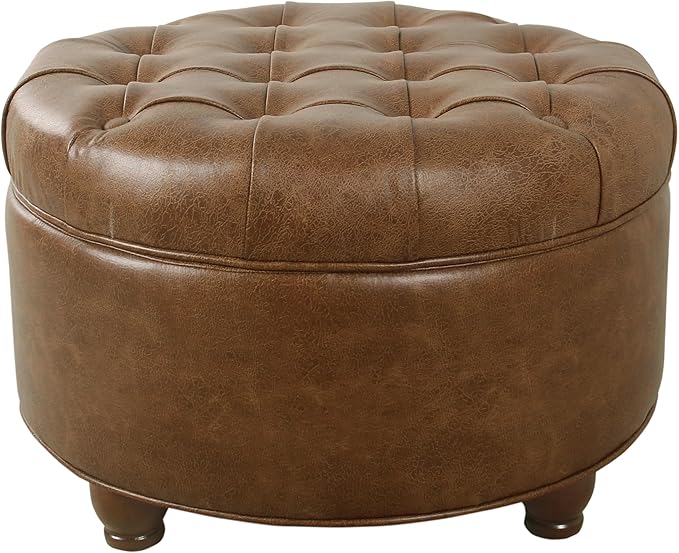 Homepop Home Decor | Button Tufted Faux Leather Round Storage Ottoman | Ottoman with Storage for Living Room & Bedroom (Brown)