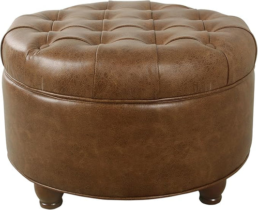 Homepop Home Decor | Button Tufted Faux Leather Round Storage Ottoman | Ottoman with Storage for Living Room & Bedroom (Brown)