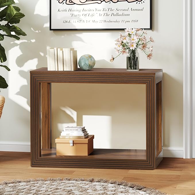 Mid-Century Fluted Console Table with Storage, Narrow Wooden Entryway Sofa Table Behind The Couch Small Entry Table for Entryway, Front Hall, Hallway Living Room, Walnut