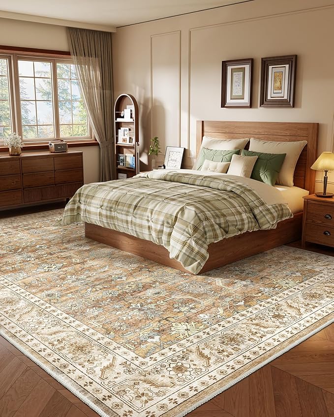 HOMFINE Machine Washable Rug 10'x14' - Vintage Design Area Rugs with Non Slip Rugs for Living Room Bedroom Floral Print Rug Carpet Stain Resistant, Home Decor Office Area Rug, Beige Brown