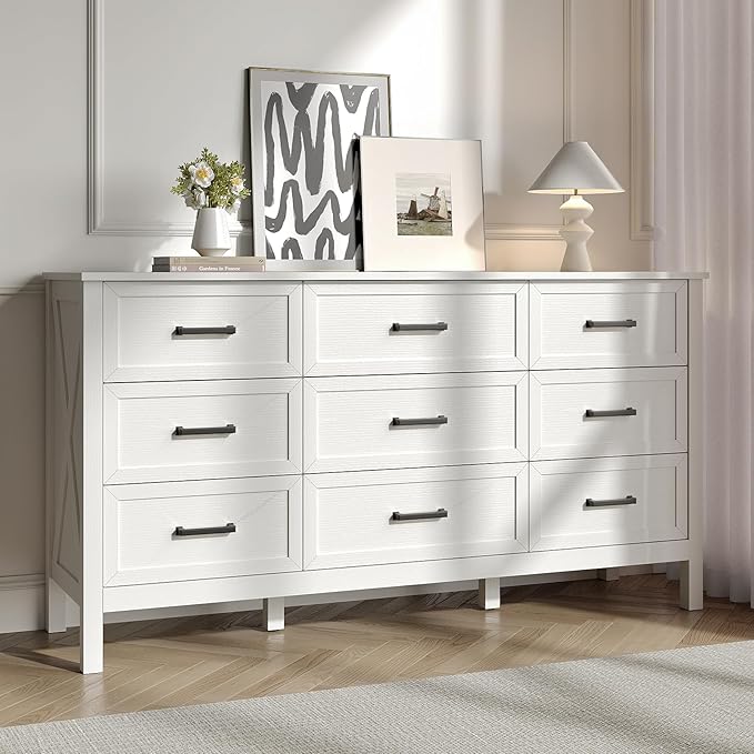 Farmhouse 9 Drawers Dresser for Bedroom, Wood Rustic Wide Dressers with Metal Handles, Wood Chest for Bedroom, Hallway, Entryway, White
