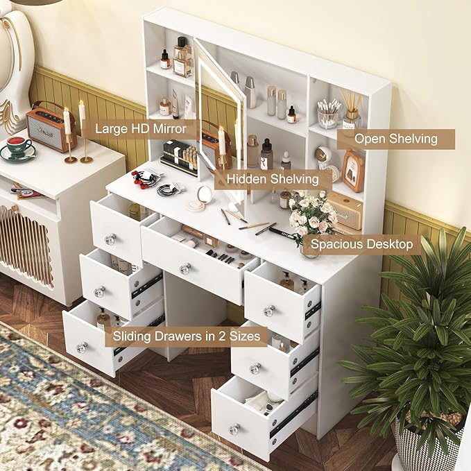 Large Vanity Table, Makeup Vanity with Mirror and LED Lights, 7 Drawers 8 Open Shelves, Crystal Handle, Hollywod Vanity Table for Girls and Women,100 * 40 * 140cm, Modern White