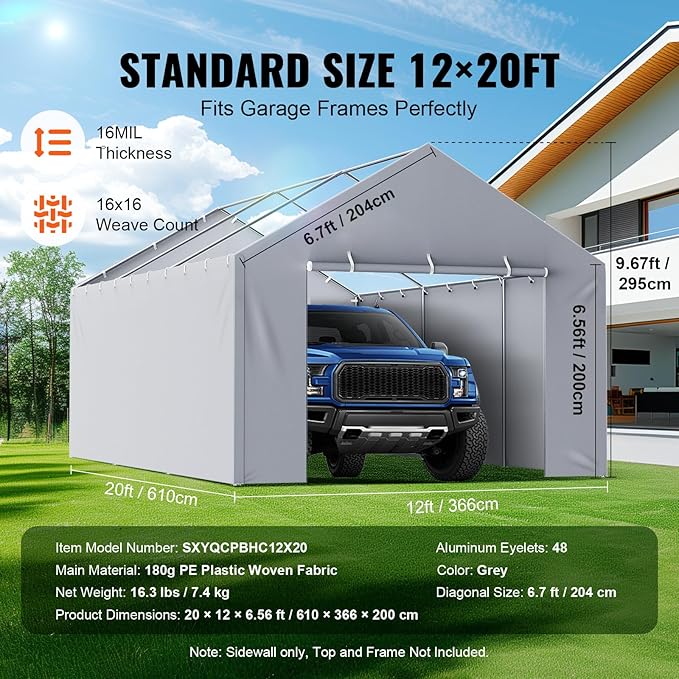 VEVOR Carport Replacement Canopy Cover Side Wall 12 x 20 ft, Garage Tent Shelter Tarp Heavy-Duty Waterproof & UV Protected, Easy Installation with Ball Bungees,Grey (Top and Frame Not Included)
