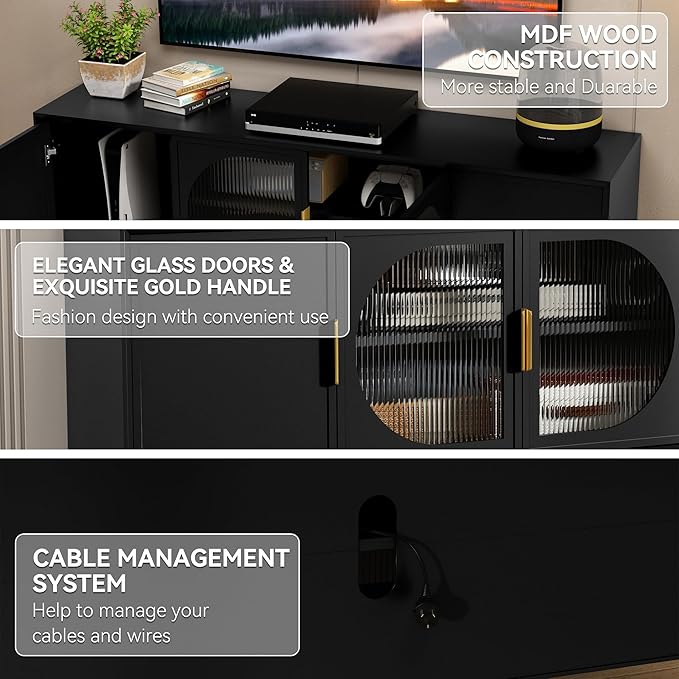 ARTPOWER Modern TV Stand for 70 inch TV, Black TV Console with 4 Glass Doors, Entertainment Center with Storage Cabinet, Wood Media Cabinet with Gold Leg, 65” TV Stands for Living Room