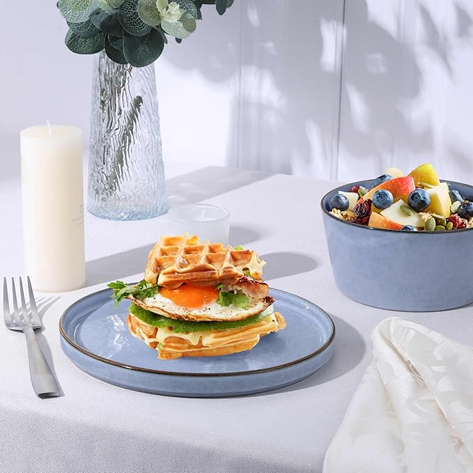 Herogo 18 Pieces Dinnerware Set for 6, Stoneware Dinner Plates and Bowls Sets, Reactive Glaze Dishes for Kitchen, Crack Resistant, Microwave & Dishwasher Safe, Haze Blue