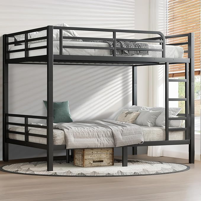 Full Over Full Bunk Bed Frame, Heavy Duty Metal Loft Bed for Adults/Teens, 350/500LB Capacity w/Ladder & Guardrail, Noise-Free Steel Slats, No Box Spring Required, Black