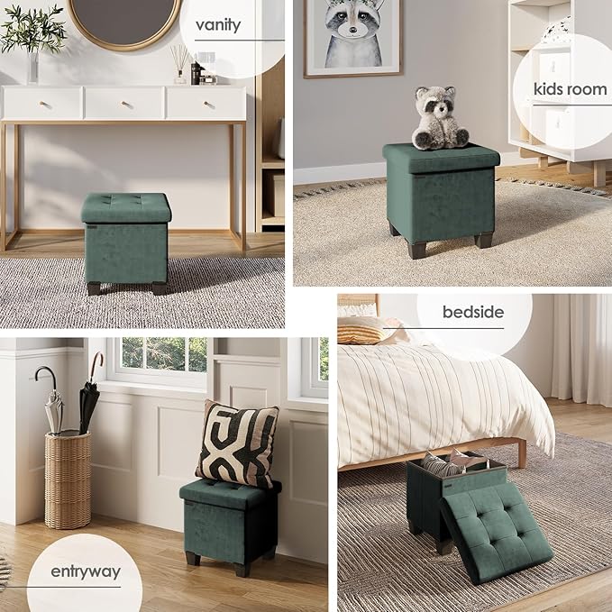 STORAGEBUD Storage Ottoman Cube with Small Bin, 15-in Square Ottoman with Storage for Living Room and Bedroom, Small Ottomans Foot Rest, Velvet Foot Stools Ottomans Max 330lbs, Green