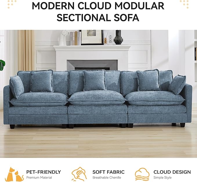 111'' Sectional Cloud Deep Seat Couch, Modern Comfy Chenille Modular Sectional Sofa for Living Room Set, Upholstered Modular 3-Seats Sofa Couch, Blue