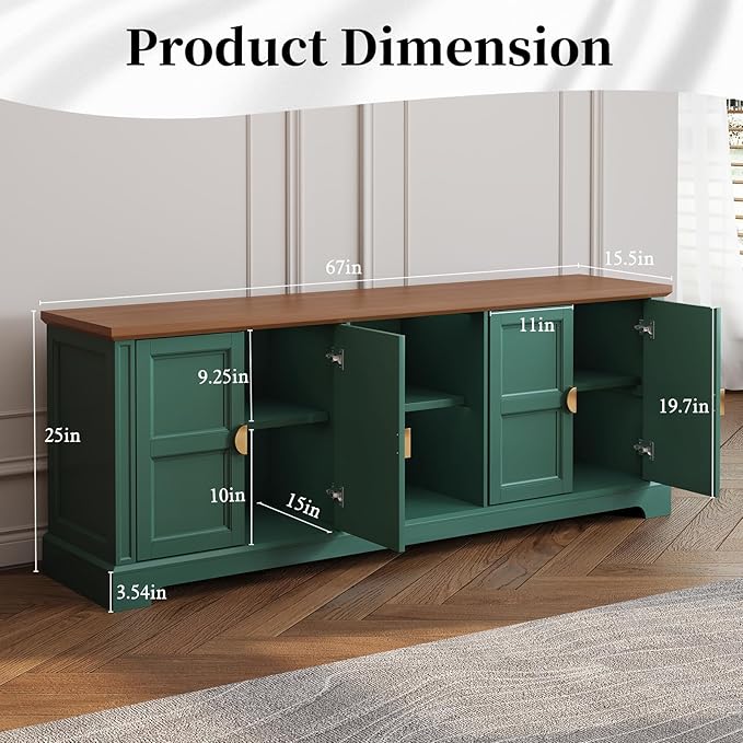 HLR 67” Modern TV Stand for TVs up to 75+ inch, Shaker Style Television Console Table, Entertainment Center with Storage Cabinets, Wood Media Furniture for Living Room,Bedroom, Green