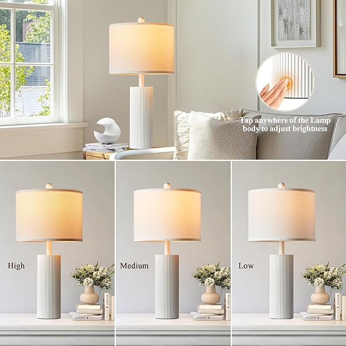24.5" White Lamps Set of 2, Modern Table Lamps for Living Room with USB C+A Ports, Creative Stripe Touch Lamps for Nightstand, 2 Bulbs Included