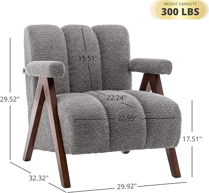 Mid Century Modern Accent Chair with Solid Wood Frame, Boucle Upholstered Living Room Chairs with Thick Cushion, Comfy Tufted Arm Chair for Bedroom, Grey