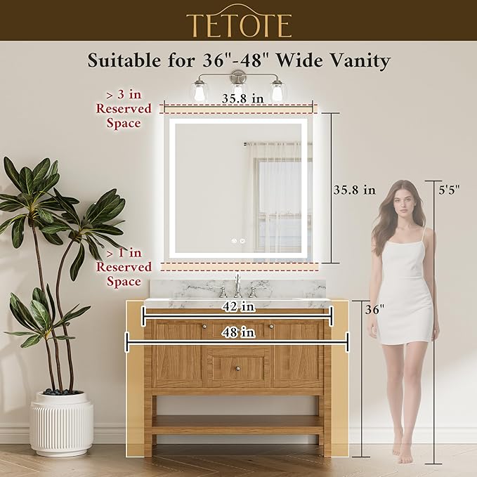 TETOTE 36 x 36 Inch LED Bathroom Mirror with Frontlit and Backlit, Brighter Light up Bathroom Vanity Mirror with Lights, 3-Color Dimmable Illuminated Anti Fog Mirror Wall Mounted, Waterproof