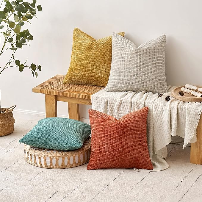 MIULEE Pack of 4 Couch Throw Pillow Covers 20x20 Inch Neutral Orange/Teal Soft Decorative Chenille Pillow Covers Farmhouse Accent Cushion Covers for Boho Home Decor Spring Sofa Bedroom Living Room