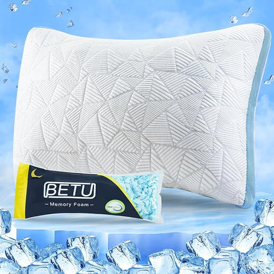 BETU Cooling Pillow King Size, Shredded Memory Foam Pillows for Hot Sleepers, Adjustable Firm Bed Pillows, Hotel Collection Side Sleeper Pillow for Back Pain, Neck, Blue, 20”x36”