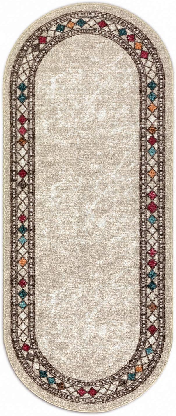 Antep Rugs Alfombras Modern Bordered 2x5 Non-Skid (Non-Slip) Low Profile Pile Rubber Backing Kitchen Area Rugs (Beige, 2' x 5' Oval)