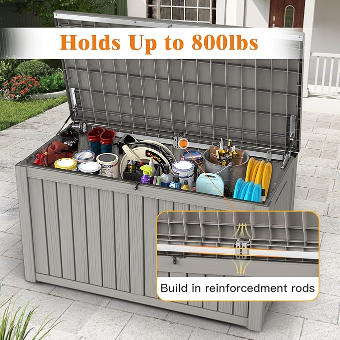 180 Gallon Outdoor Storage Box, Waterproof Deck Box with Handles and Lockable Lid, Resin Patio Storage Box with Hydraulic Rods for Garden Tools, Cushions, Grey
