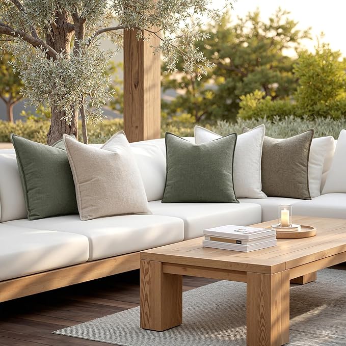 MIULEE Decorative Linen Pillow Covers 20x20 Inch Olive Green Boho Farmhouse Neutral Couch Throw Pillows for Bed Pack of 2 Accent Outdoor Pillowcase Modern Sofa Cushion Livingroom Home Decor