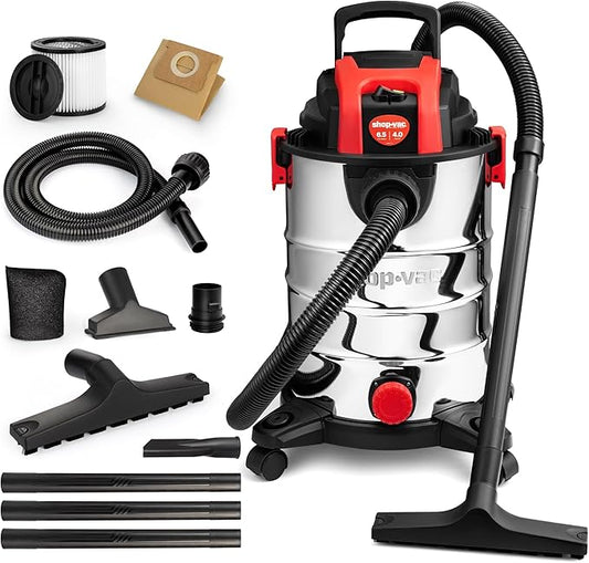 Shop-Vac 6.5 Gallon 4.0 HP Wet/Dry Vacuum with Blower Function, Stainless Steel Tank, Portable Shop Vacuum with Wheels, Includes Filters, Hose & Accessories, Ideal for Garage and Workshop