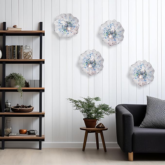 Hand Blown Glass Plate Wall Decor, Modern Unique Glass Wall Art, Lotus Leaf Wall Plate Shape Wall Sconce with Transparent and Easy to Clean for Staircase, Living Room, Kitchen, Hallway (Blue-2)