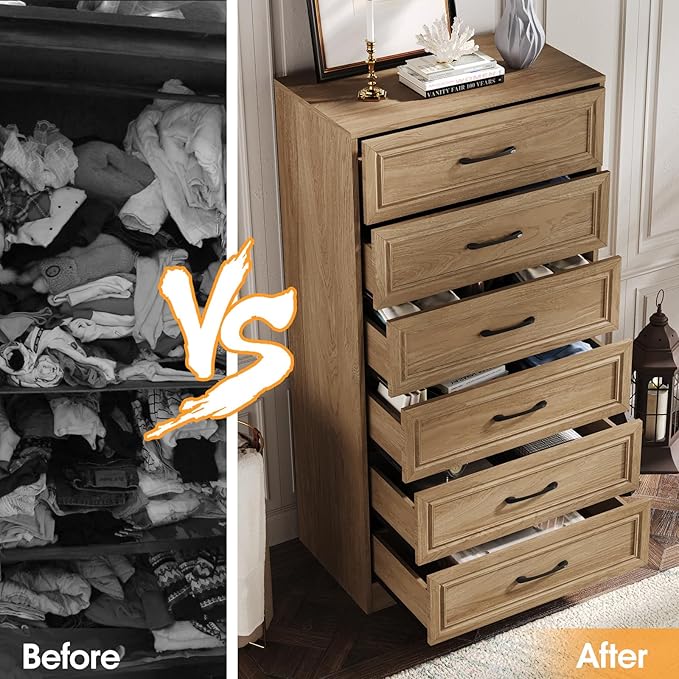 Fameill Dresser for Bedroom, Tall Dresser for Hallway, 6 Drawer Wide Dresser Organizer with Charging Station for Closet, Wood Dresser with Metal Handles, Oak