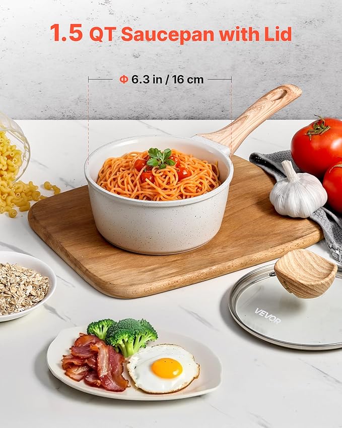 VEVOR 1.5 QT Saucepan, Nonstick Saucepan with Tempered Glass Lid, Multipurpose Cooking Sauce Pot with Detachable Handle, Sauce Pan Small Kitchen Cooking Pot with Coating, Induction Compatible, White