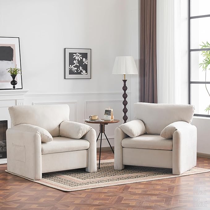 MELLCOM 39" Modern Chenille Oversized Armchair, Wide Accent Chair Set of 2, Mid Century Single Sofa Chairs, Comfy Upholstered Reading Chair for Living Room, Bedroom, and Apartment (Beige)
