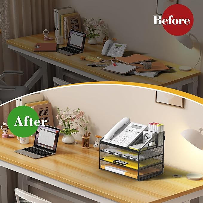 Letter Tray Paper, 4 Tier Desk Organizer with Pen Holder and Handle Mesh File Organizer Paper Sorter Metal Desktop Document Shelf for Office Home Classroom -Black