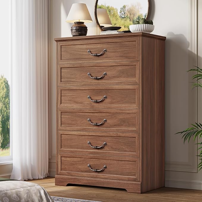 DICTAC Farmhouse 6 Drawers Dresser for Bedroom, 48.2" Tall Dressers Chest of Drawer, Large Storage Closet Organizer with Natural Texture and Vintage Metal Handle, Wooden Vertical Dresser for Hallway