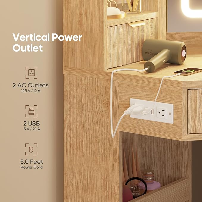 Fluted Corner Vanity Desk with Mirror Lights, Makeup Vanity with Charging Station, Drawers & Rotating Cabinets, Corner Vanity with Storage Bench, for Bedroom, Natural Wood