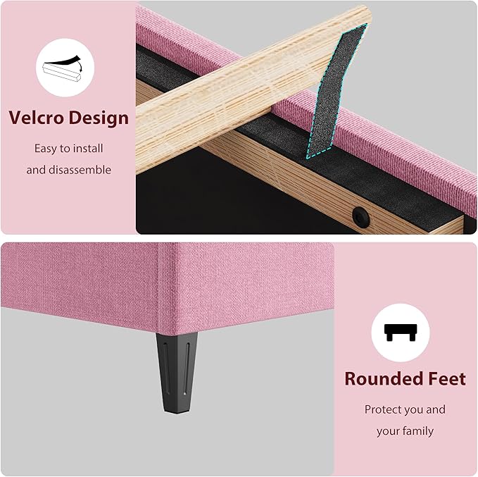 GAOMON Pink Full Bed Frame with Upholstered Headboard, Heavy-Duty Platform Bed Frame with Strong Wood Slats, No Box Spring Needed/Noise Free/Easy Assembly