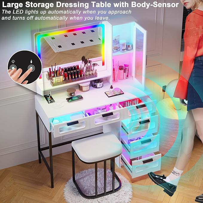 HNEBC RGB Vanity Desk with Mirror and Lights, LED Vanity Makeup Desk with USB/Wireless Charger Station, Vanities Dressing Table Sets with 6 Drawers/Cabins/Stool/Shelves for Bedroom&Cloakroom,White