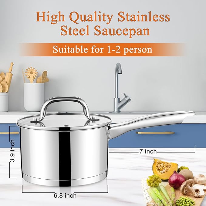 LIANYU 2 Quart Saucepan with Lid, Stainless Steel Sauce Pan Small Cooking Pot, Tri-Ply Bottom Multipurpose Sauce Pot, Dishwasher Safe, Compatible with All Stovetops