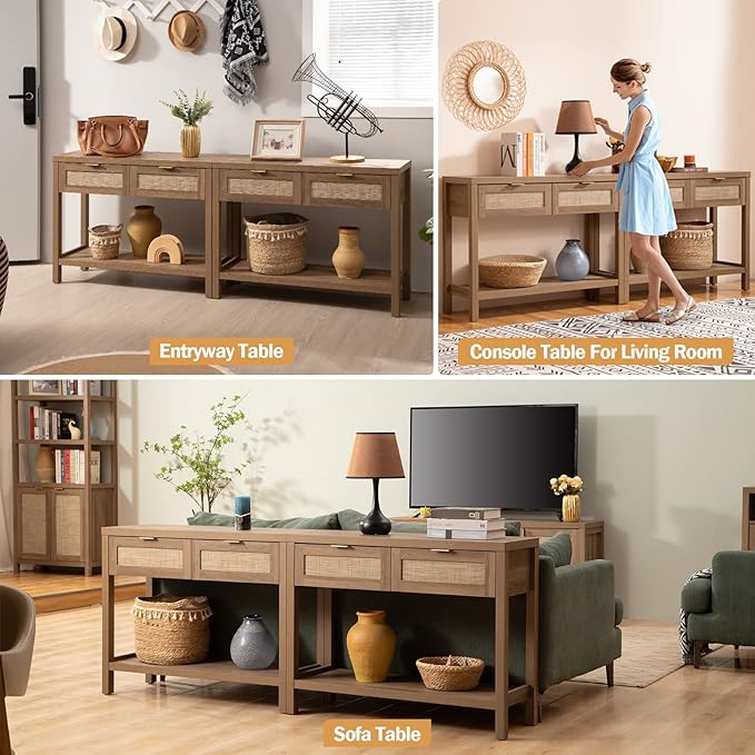 SICOTAS Console Table Set of 2 - Boho Entryway Table with Rattan Drawers, Rattan Console Table with 2 Tier Shelf, Narrow Long Sofa Tables for Living Room, Entry Table for Hallway, Foyer