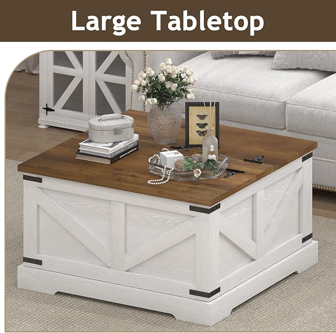 Farmhouse Coffee Table with Hidden Storage Compartment, White Square Coffee Table for Living Room, Wood Center Table with Hinged Lifting Tabletop for Home