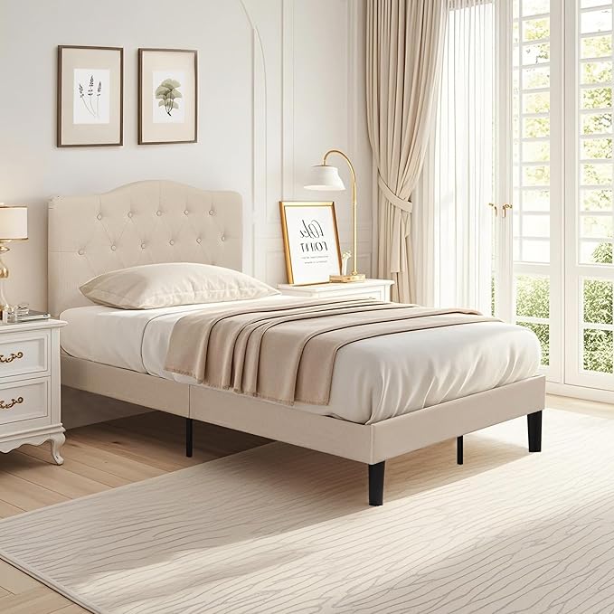 VECELO Twin Size Platform Bed Frame with Fabric Upholstered Headboard and Wooden Slats Support, No Box Spring Needed/Easy Assembly,Beige