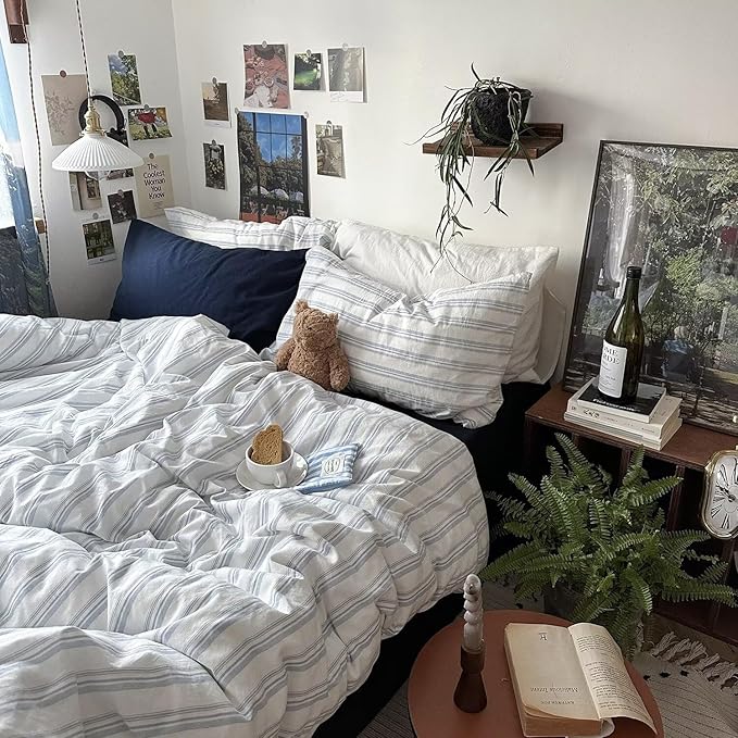 mixinni Vintage Light Blue & White Striped Comforter Set Twin XL Size - Soft Washed Cotton 3-Piece Bedding Set (1 Comforter + 2 Pillowcases), Retro Geometric Pattern, All-Season Breathable & Fluffy