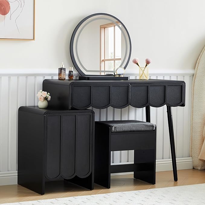 ORRD Vanity Desk with Mirror and Lights, Modern Wood Wave Panel Vanity Desk Set Makeup Table with Drawers and Cabinet, Dressing Table with Storage for Bedroom, Black
