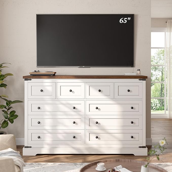 EnHomee 10 Drawer Dresser for Bedroom,55.11" W Farmhouse Dressers and Chests of Drawers with Smooth Metal Rail,Large and Wide TV Stand Hallway,Antique White,14.9" D x 55.11" W x 35.6" H